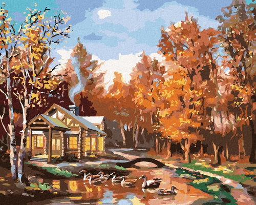 Zuty - Painting By Numbers - Log Cabin In Autumn Forest And Ducks (D. Rusty Rust), 40X50 Cm, Canvas - Painting by Numbers - Main image