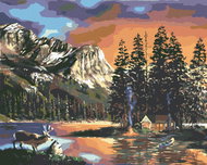 Zuty - Painting by Numbers - Cottage, Lake, Deer and Mountains (D. Rusty Rust), 80X100 Cm, Canvas+Fr - Painting by Numbers