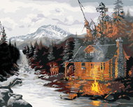 Zuty - Painting by Numbers - Cottage, Deer, River And Mountains (D. Rusty Rust), 40X50 Cm, Canvas - Painting by Numbers