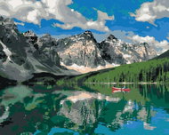 Zuty - Painting by Numbers - Mountains and Boat on the Lake (Dennis Frates), 40X50 Cm, Canvas+Frame - Painting by Numbers