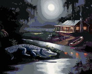 Zuty - Painting by Numbers - Alligator on the Shore and Cottage at Full Moon (D. Rusty Rust), 80X100 - Painting by Numbers