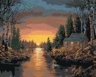 Zuty - Painting by Numbers - Sunset And Cottage In The Lake Forest (Northern Promotions), 80X100 Cm, - Painting by Numbers