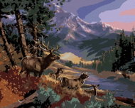 Zuty - Painting by Numbers - Deer And His Herd At The River Under The Mountain (James Meger), 80X100 - Painting by Numbers