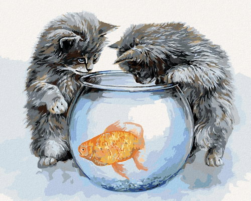 Zuty - Painting by Numbers - Kittens at the Aquarium and the Golden Fish (Jim Killen), 40X50 Cm, Can - Painting by Numbers - Main image