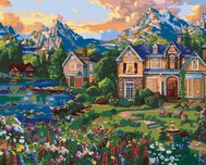 Zuty - Painting by Numbers - Houses By Lake And Mountains (Image World-Ap), 40X50 Cm, Canvas+Frame - Painting by Numbers