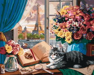 Zuty - Painting by Numbers - Window View of the Eiffel Tower and the Cat (Image World-Ap), 40X50 Cm, - Painting by Numbers