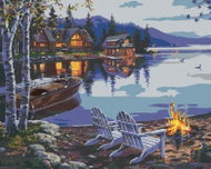 Zuty - Painting by Numbers - Campfire at the Lake and Cottage (Darrell Bush), 40X50 Cm, Canvas+Frame - Painting by Numbers
