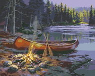 Zuty - Painting by Numbers - Red Canoe by the Lake and Campfire (Darrell Bush), 80X100 Cm, Canvas - Painting by Numbers