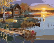 Zuty - Painting by Numbers - Sunset, Pond, Pier With Boat And Cottage (Darrell Bush), 40X50 Cm, Pl - Painting by Numbers