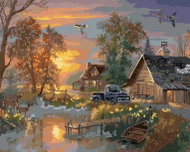 Zuty - Painting by Numbers - Duck, Deer and Pier at the Lake and Sunset (Abraham Hunter), 40X50 Cm - Painting by Numbers