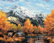 Zuty - Painting by Numbers - Deer by the River, Mountains and Autumn Trees (Abraham Hunter), 40X50 C - Painting by Numbers