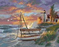 Zuty - Painting by Numbers - Sailboat on the Beach, Lighthouse and Sunset (Abraham Hunter), 40X50 Cm - Painting by Numbers