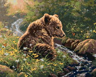 Zuty - Painting by Numbers - Bear Cub by the River in Flowers and Butterflies (Abraham Hunter), 40X5 - Painting by Numbers