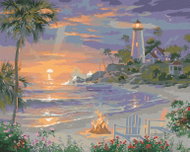 Zuty - Painting by Numbers - Campfire on the Beach, Lighthouse and Sunset (Abraham Hunter), 40X50 Cm - Painting by Numbers