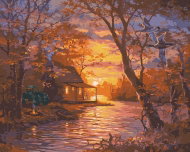 Zuty - Painting by Numbers - Duck, Cottage, Lake and Sunset (Abraham Hunter), 80X100 Cm, Canvas - Painting by Numbers