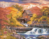 Zuty - Painting by Numbers - Deer, Water Mill, River and Sunrise (Abraham Hunter), 40X50 Cm, Canvas - Painting by Numbers