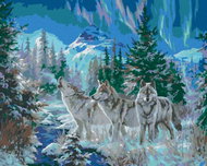 Zuty - Painting by Numbers - Wolf, Mountains, River and Aurora Borealis (Abraham Hunter), 40X50 Cm,  - Painting by Numbers