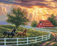 Zuty - Painting By Numbers - Horses In A Paddock, Stable And Sunrise (Abraham Hunter), 80X100 Cm, Ca - Painting by Numbers