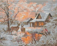Zuty - Painting by Numbers - Deer, Pond, Cardinal Bird and Cottage in Winter (Abraham Hunter), 80X10 - Painting by Numbers