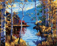 Zuty - Painting by Numbers - Moose Between Birches and Lake (Abraham Hunter), 40X50 Cm, Canvas - Painting by Numbers