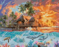 Zuty - Painting by Numbers - Sunset, Dolphins, Turtles and Tropical Cottage (Abraham Hunter), 40X50 - Painting by Numbers