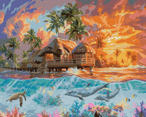 Zuty - Painting by Numbers - Sunset, Dolphins, Turtles and Tropical Cottage (Abraham Hunter), 40X50 - Painting by Numbers - Main image