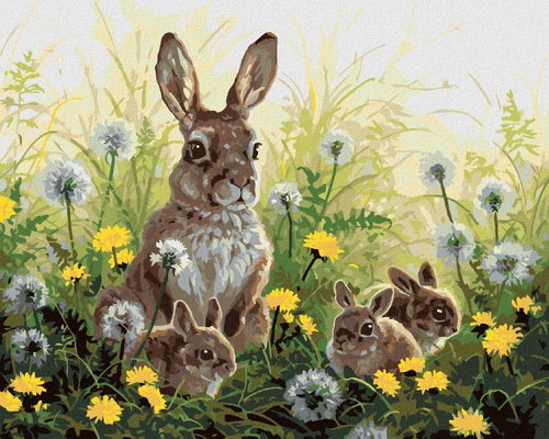 Zuty - Painting by Numbers - Hare With Cubs And Dandelions (Abraham Hunter), 80X100 Cm, Canvas+Frame - Painting by Numbers - Main image