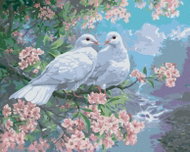 Zuty - Painting by Numbers - White Doves on Flowering Branches and River (Abraham Hunter), 80X100 Cm - Painting by Numbers