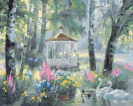 Zuty - Painting By Numbers - Gazebo, Swans And Ducks On The Lake And Birches (Abraham Hunter), 40X50 - Painting by Numbers