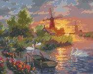 Zuty - Painting by Numbers - Tulips, Swans, Mill and Sunset (Abraham Hunter), 40X50 Cm, Canvas - Painting by Numbers
