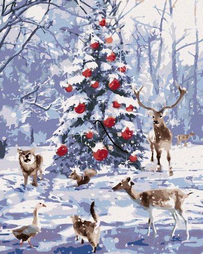 Zuty - Painting by Numbers - Animals at the Christmas Tree, 40X50 Cm, Canvas+Frame - Painting by Numbers - Main image