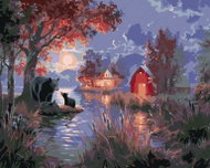 Zuty - Painting by Numbers - Bear With Cubs At The Lake, Farm And Moon (Abraham Hunter), 40X50 Cm, P - Painting by Numbers