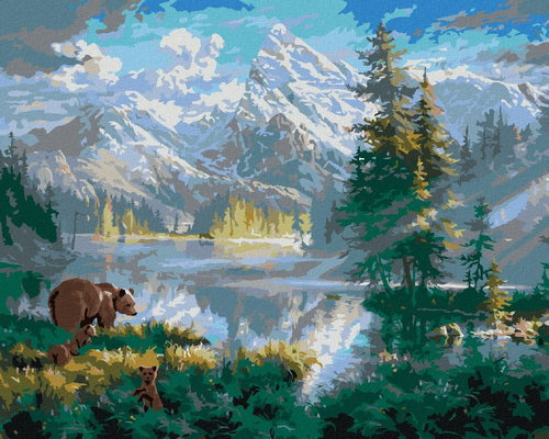 Zuty - Painting by Numbers - Bear With Cubs, Lake And Mountains (Abraham Hunter), 40X50 Cm, Canvas+F - Painting by Numbers - Main image