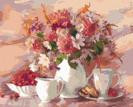 Zuty - Painting by Numbers - Flowers In White Vase With White Cup, 80X100 Cm, Canvas+Frame - Painting by Numbers