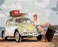 Zuty - Painting by Numbers - Green Car Beetle And Woman With Suitcase, 80X100 Cm, Canvas+Frame - Painting by Numbers