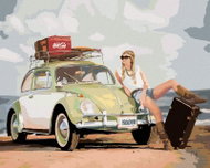 Zuty - Painting by Numbers - Green Car Beetle And Woman With Suitcase, 40X50 Cm, Canvas - Painting by Numbers