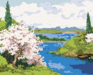 Zuty - Painting by Numbers - Flowering Trees on the Bank of a Winding River, 40X50 Cm, Canvas - Painting by Numbers
