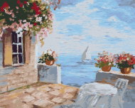 Zuty - Painting by Numbers - Terrace With Flowers By The Sea, 40X50 Cm, Canvas+Frame - Painting by Numbers