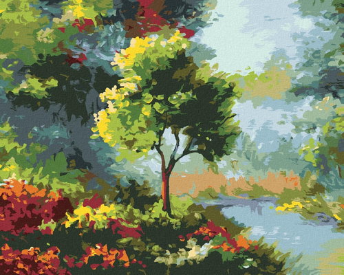 Zuty - Painting by Numbers - Tree Among Flowers by the River, 40X50 Cm, Canvas+Frame - Painting by Numbers - Main image