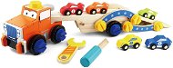 Abschleppwagen zum Schrauben Holz - 5 Autos, Schraubendreher und Schraubenschlüssel - Holzspielzeug