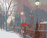Painting by Numbers - Lovers on a Bridge and Falling Snow, 50x40 cm, stretched canvas on frame - Painting by Numbers