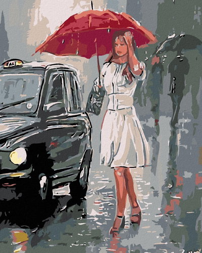Painting by Numbers - Woman by the car in the rain, 40x50 cm, without frame and without switching of - Painting by Numbers - Main image