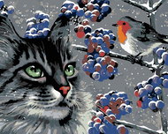 Painting by numbers - Lurking grey cat and bird, 100x80 cm, without frame and without canvas switchi - Painting by Numbers