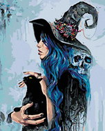 Painting by Numbers - Witch with a Black Cat, 80x100 cm, stretched canvas on frame - Painting by Numbers