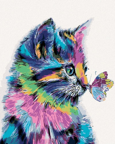 Painting by Numbers - Cat with a Butterfly, 80x100 cm, stretched canvas on frame - Painting by Numbers - Main image
