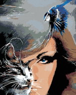 Painting by numbers - Woman cat and blue bird, 80x100 cm, stretched canvas on frame - Painting by Numbers