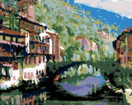 Painting by Numbers - River between houses and an overgrown bridge, 100x80 cm, stretched canvas on f - Painting by Numbers