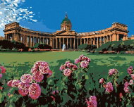 Painting by Numbers - Antique Building in a Blooming Garden, 100x80 cm, stretched canvas on frame - Painting by Numbers