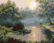 Painting by Numbers - Boats in Autumn Dawn, 50x40 cm, stretched canvas on frame - Painting by Numbers