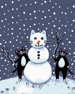 Painting by Numbers - Black Cats and Snowman, 80x100 cm, stretched canvas on frame - Painting by Numbers